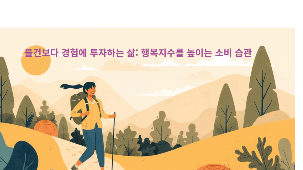 등산 가방을 메고 하이킹 스틱을 짚은 여성이 산을 오르며 웃는 일러스트로, 행복지수를 높이는 경험 투자로서의 하이킹 활동을 묘사합니다.